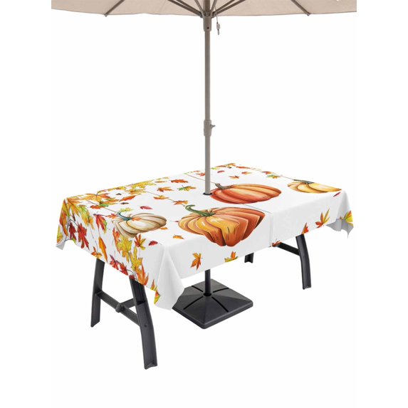 Outdoor Tablecloth with Umbrella Hole and Zipper, Orange Pumpkins Fall Rectangle Table Cloth 60x102 Inch Waterproof Tablecloth, Yellow Maple Leaf Thanksgiving Picnic Table Cover for Patio Camping