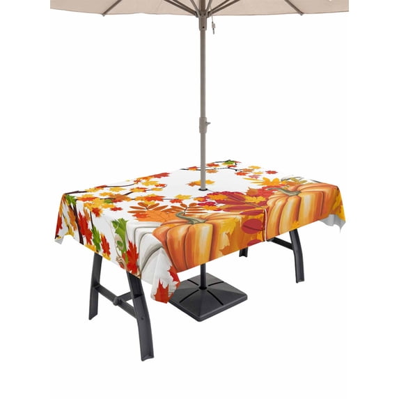 Outdoor Tablecloth with Umbrella Hole and Zipper, Orange Pumpkins Fall Rectangle Table Cloth 60x120 Inch Waterproof Tablecloth, Maple Leaf Thanksgiving Botanical Picnic Table Cover for Patio Camping