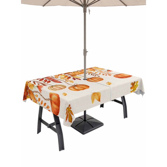 Outdoor Tablecloth with Umbrella Hole and Zipper, Orange Pumpkins Fall Rectangle Table Cloth 60x120 Inch Waterproof Tablecloth, Rustic Thanksgiving Maple Leaf Picnic Table Cover for Patio Camping