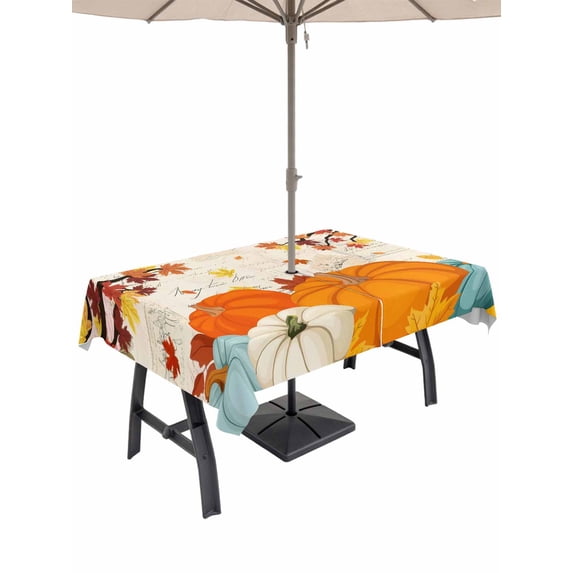 Outdoor Tablecloth with Umbrella Hole and Zipper, Orange Pumpkins Fall Rectangle Table Cloth 60x120 Inch Waterproof Tablecloth, Thanksgiving Maple Leaf Branches Picnic Table Cover for Patio Camping