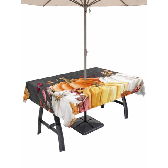 Outdoor Tablecloth with Umbrella Hole and Zipper, Orange Pumpkins Fall Rectangle Table Cloth 60x120 Inch Waterproof Tablecloth, Thanksgiving Sunflower Botanical Leaves Picnic Table Cover for Patio