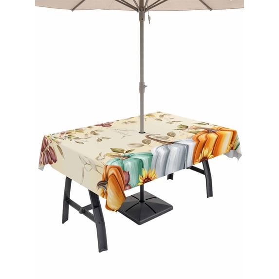 Outdoor Tablecloth with Umbrella Hole and Zipper, Orange Pumpkins Fall Rectangle Table Cloth 60x120 Inch Waterproof Tablecloth, Thanksgiving Sunflower Botanical Leaf Picnic Table Cover for Patio