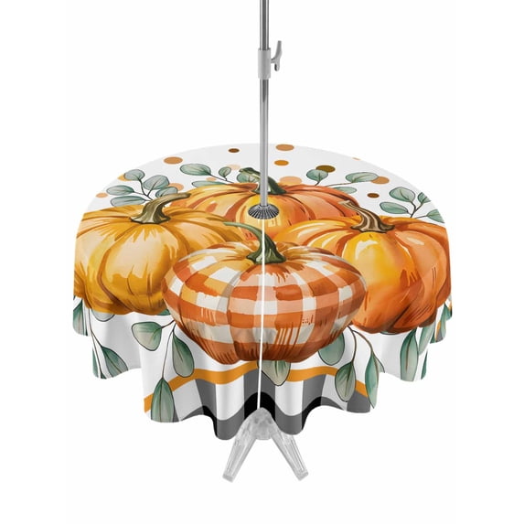 Outdoor Tablecloth with Umbrella Hole and Zipper, Orange Pumpkins Fall Round Table Cloth 54 Inch Waterproof Tablecloth, Black Plaid Polka Dot Botanical Picnic Table Cover for Patio Camping