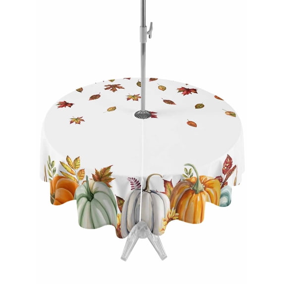 Outdoor Tablecloth with Umbrella Hole and Zipper, Orange Pumpkins Fall Round Table Cloth 54 Inch Waterproof Tablecloth, Thanksgiving Autumn Maple Leaf Sunflower Picnic Table Cover for Patio Camping