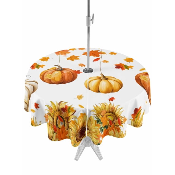 Outdoor Tablecloth with Umbrella Hole and Zipper, Orange Pumpkins Fall Round Table Cloth 54 Inch Waterproof Tablecloth, Thanksgiving Sunflower Leaf Picnic Table Cover for Patio Camping