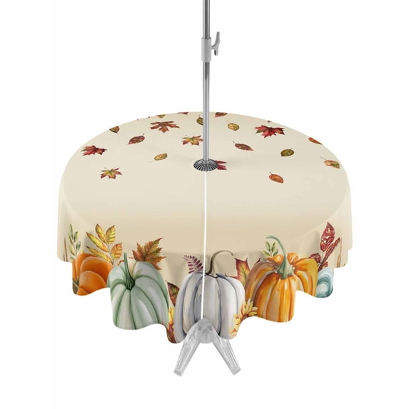 Outdoor Tablecloth with Umbrella Hole and Zipper, Orange Pumpkins Fall Round Table Cloth 60 Inch Waterproof Tablecloth, Thanksgiving Maple Leaf Sunflower Autumn Picnic Table Cover for Patio Camping