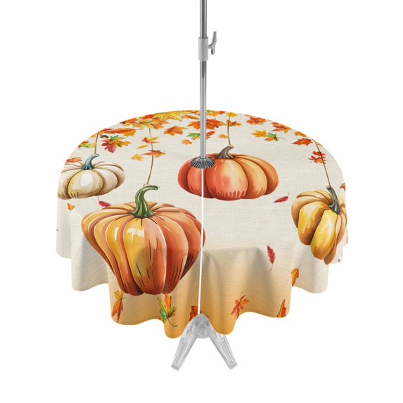 Outdoor Tablecloth with Umbrella Hole and Zipper, Orange Pumpkins Fall Round Table Cloth 60 Inch Waterproof Tablecloth, Thanksgiving Maple Leaves Botanical Picnic Table Cover for Patio Camping