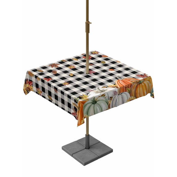 Outdoor Tablecloth with Umbrella Hole and Zipper, Orange Pumpkins Fall Square Table Cloth 60x60 Inch Waterproof Tablecloth, Thanksgiving Botanical Black Plaid Picnic Table Cover for Patio Camping