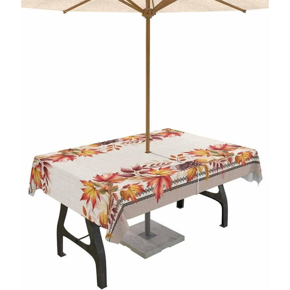 Outdoor Tablecloth with Umbrella Hole & Zipper, Orange Red Leaves Fall Rectangle Tablecloth 60x120 Inch, Autumn Botanical Thanksgiving Patio Table Cover Waterproof Table Cloth for Picnic/Party