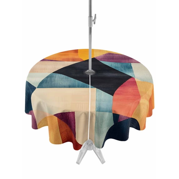 Outdoor Tablecloth with Umbrella Hole Zipper Orange Round Tablecloth 60" Waterproof Outside Table Cloth Geometric Abstract Retro Art Aesthetic Patio Table Cover Tablecloths for Picnic Party