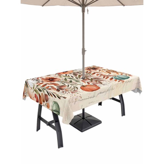 Outdoor Tablecloth with Umbrella Hole and Zipper, Orange Teal Fall Pumpkins Rectangle Table Cloth 60x84 Inch Waterproof Tablecloth, Weeping Botanical Thanksgiving Vintage Picnic Table Cover for Patio