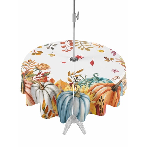 Outdoor Tablecloth with Umbrella Hole and Zipper, Orange Thanksgiving Fall Round Table Cloth 60 Inch Waterproof Tablecloth, Orange Blue Pumpkins Botanical Picnic Table Cover for Patio Camping