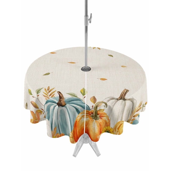Outdoor Tablecloth with Umbrella Hole and Zipper, Orange White Pumpkin Fall Round Table Cloth 54 Inch Waterproof Tablecloth, Thanksgiving Floral Leaves Rustic Picnic Table Cover for Patio Camping