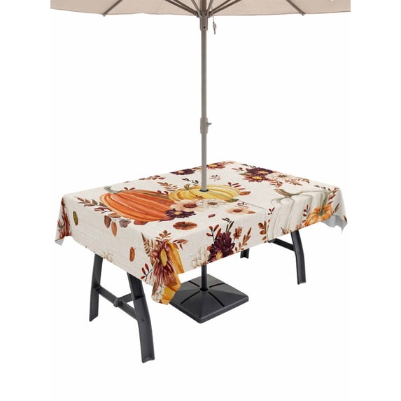 Outdoor Tablecloth with Umbrella Hole and Zipper, Orange Yellow Fall Rectangle Table Cloth 60x102 Inch Waterproof Tablecloth, Thanksgiving Pumpkins Botanical Floral Picnic Table Cover for Patio