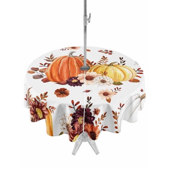 Outdoor Tablecloth with Umbrella Hole and Zipper, Orange Yellow Fall Round Table Cloth 54 Inch Waterproof Tablecloth, Pumpkins Botanical Thanksgiving Picnic Table Cover for Patio Camping