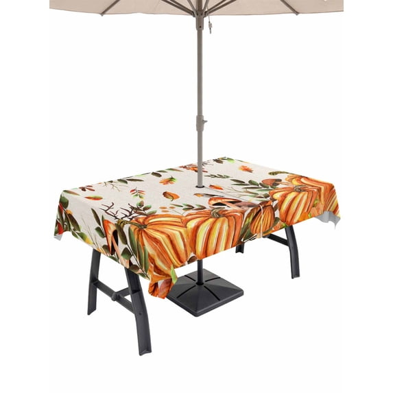 Outdoor Tablecloth with Umbrella Hole and Zipper, Orange Yellow Pumpkin Fall Rectangle Table Cloth 52x70 Inch Waterproof Tablecloth, Thanksgiving Botanical Rustic Leaves Picnic Table Cover for Patio
