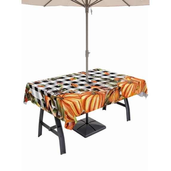 Outdoor Tablecloth with Umbrella Hole and Zipper, Orange Yellow Pumpkin Fall Rectangle Table Cloth 60x102 Inch Waterproof Tablecloth, Thanksgiving Black Plaid Leaves Picnic Table Cover for Patio
