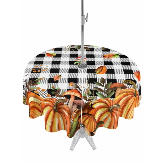 Outdoor Tablecloth with Umbrella Hole and Zipper, Orange Yellow Pumpkin Fall Round Table Cloth 54 Inch Waterproof Tablecloth, Thanksgiving Black Plaid Leaves Picnic Table Cover for Patio Camping