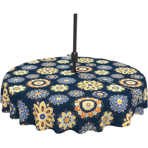 Outdoor Tablecloth with Umbrella Hole and Zipper,Outdoor Round Table Covers for Backyard Garden,Water Repellent and Fade Resistant Table Cloth,60Inch,Bloom Medallion Cobalt