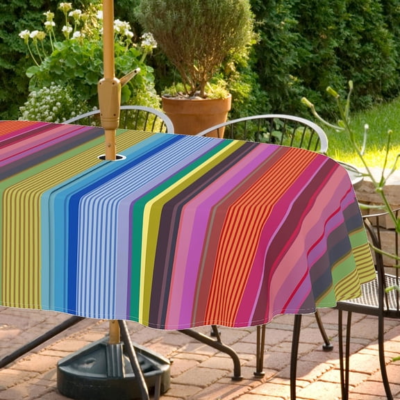 Outdoor Tablecloth with Umbrella Hole and Zipper, Oval Patio Table Covers for Spring/Summer, Machine Washable Outdoor Picnic Table Cloth (02stripes, 60" × 84" Oval)