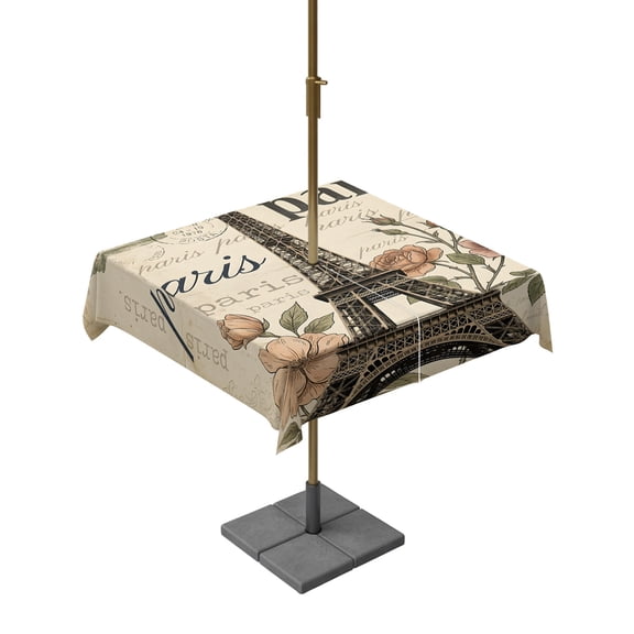 Outdoor Tablecloth with Umbrella Hole and Zipper, Paris Architecture Tower Crown Square Waterproof Table Cover 54x54in Washable Table Cloth for Patio Picnic Party Blossom Flower Stamp Texture