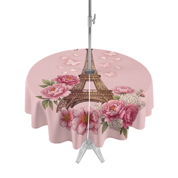 Outdoor Tablecloth with Umbrella Hole Zipper Paris Eiffel Tower Round Tablecloth 54" Waterproof Outside Table Cloth Pink Rose Romantic Floral Butterfly Patio Table Cover Tablecloths for Picnic Party
