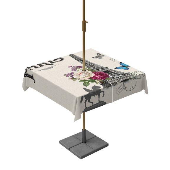 Outdoor Tablecloth with Umbrella Hole and Zipper, Paris Iconic Architecture Tower on Linen Square Waterproof Table Cover 54x54in Washable Table Cloth for Patio Picnic Party Flower Butterfly Stamp