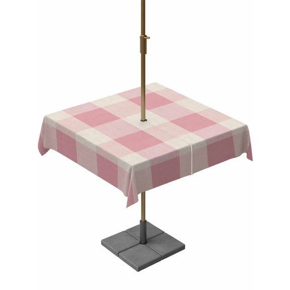 Outdoor Tablecloth with Umbrella Hole and Zipper, Pastoral Pink Gingham Check Square Waterproof Table Cover 54x54in Washable Table Cloth for Patio Picnic Party Vintage Linen Texture