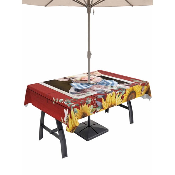 Outdoor Tablecloth with Umbrella Hole and Zipper, Pig Sunflowers Rectangle Table Cloth 54x80 Inch Waterproof Tablecloth, Eucalyptus Leaves Floral Bees Red Barn Picnic Table Cover for Patio Camping