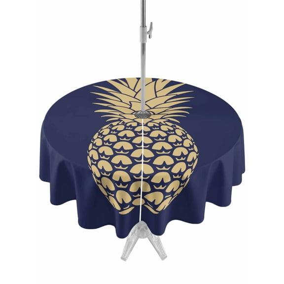 Outdoor Tablecloth with Umbrella Hole and Zipper, Pineapple Round Table Cloth 54 Inch Waterproof Tablecloth, Gold Yellow Navy Blue Tropical Fruit Summer Picnic Table Cover for Patio Camping