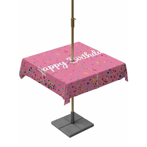 Outdoor Tablecloth with Umbrella Hole and Zipper, Pink Birthday Square Table Cloth 54x54 Inch Waterproof Tablecloth, Colorful Confetti Ribbons Polka Dots Classroom Picnic Table Cover for Patio