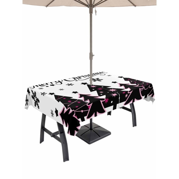 Outdoor Tablecloth with Umbrella Hole and Zipper, Pink Black Christmas Tree Rectangle Table Cloth 54x80 Inch Waterproof Tablecloth, Xmas Snowflake Picnic Table Cover for Patio Camping