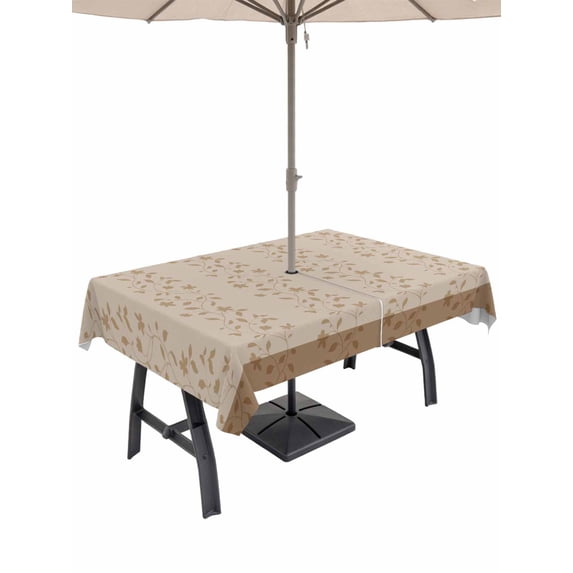 Outdoor Tablecloth with Umbrella Hole and Zipper, Pink Brown Floral Rectangle Table Cloth 52x70 Inch Waterproof Tablecloth, Spring Flowers Picnic Table Cover for Patio Camping