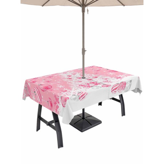 Outdoor Tablecloth with Umbrella Hole and Zipper, Pink Christmas Balls Rectangle Table Cloth 52x70 Inch Waterproof Tablecloth, Xmas Tree Snowflake Picnic Table Cover for Patio Camping