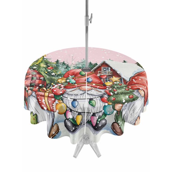 Outdoor Tablecloth with Umbrella Hole and Zipper, Pink Christmas Gnomes Round Table Cloth 54 Inch Waterproof Tablecloth, Xmas Winter Forest Pine Tree Picnic Table Cover for Patio Camping