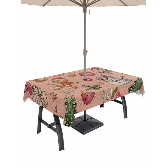 Outdoor Tablecloth with Umbrella Hole and Zipper, Pink Christmas Rectangle Table Cloth 60x102 Inch Waterproof Tablecloth, Xmas Tree Balls Snowman Gingerbread Picnic Table Cover for Patio Camping