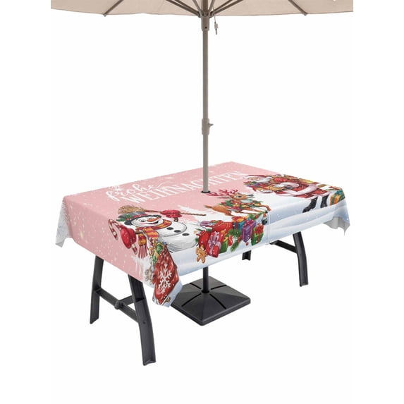 Outdoor Tablecloth with Umbrella Hole and Zipper, Pink Christmas Rectangle Table Cloth 60x120 Inch Waterproof Tablecloth, Santa Snowman Snowflake Gifts Elk Picnic Table Cover for Patio Camping