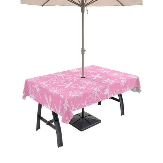 Outdoor Tablecloth with Umbrella Hole and Zipper, Pink Christmas Rectangle Table Cloth 60x84 Inch Waterproof Tablecloth, Modern Winter Xmas White Snowflakes Picnic Table Cover for Patio Camping
