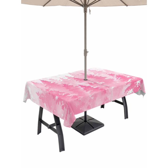 Outdoor Tablecloth with Umbrella Hole and Zipper, Pink Christmas Rectangle Table Cloth 60x84 Inch Waterproof Tablecloth, Winter Snowflake Abstract Forest Tree Picnic Table Cover for Patio Camping