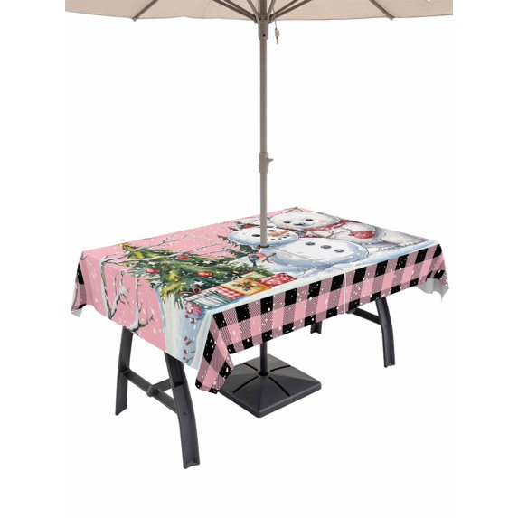Outdoor Tablecloth with Umbrella Hole and Zipper, Pink Christmas Rectangle Table Cloth 60x84 Inch Waterproof Tablecloth, Xmas Tree Snowman Bear Snowfall Plaid Picnic Table Cover for Patio Camping