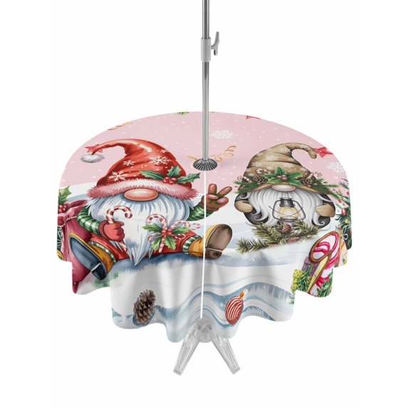 Outdoor Tablecloth with Umbrella Hole and Zipper, Pink Christmas Round Table Cloth 60 Inch Waterproof Tablecloth, Gnomes Xmas Tree Snowflake Gifts Picnic Table Cover for Patio Camping