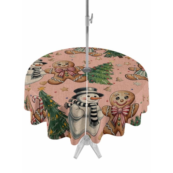 Outdoor Tablecloth with Umbrella Hole and Zipper, Pink Christmas Round Table Cloth 60 Inch Waterproof Tablecloth, Xmas Tree Gingerbread Snowman Winter Picnic Table Cover for Patio Camping