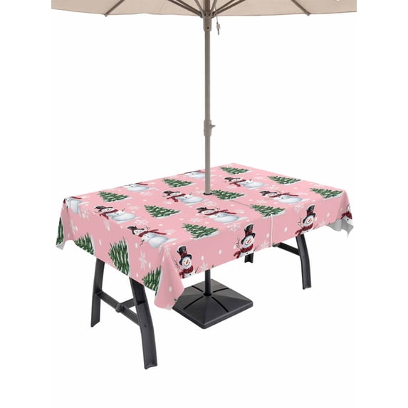Outdoor Tablecloth with Umbrella Hole and Zipper, Pink Christmas Snowman Rectangle Table Cloth 60x102 Inch Waterproof Tablecloth, Winter Snowflakes Xmas Tree Forest Picnic Table Cover for Patio