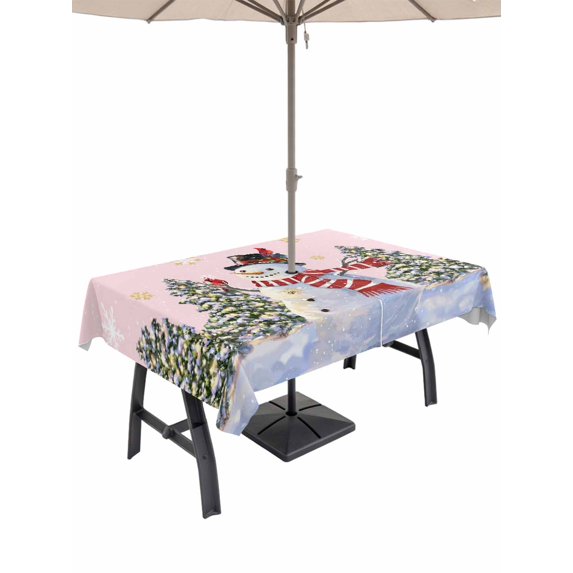 Outdoor Tablecloth with Umbrella Hole and Zipper, Pink Christmas Snowman Rectangle Table Cloth 60x102 Inch Waterproof Tablecloth, Winter Xmas Tree Snowflakes Picnic Table Cover for Patio Camping