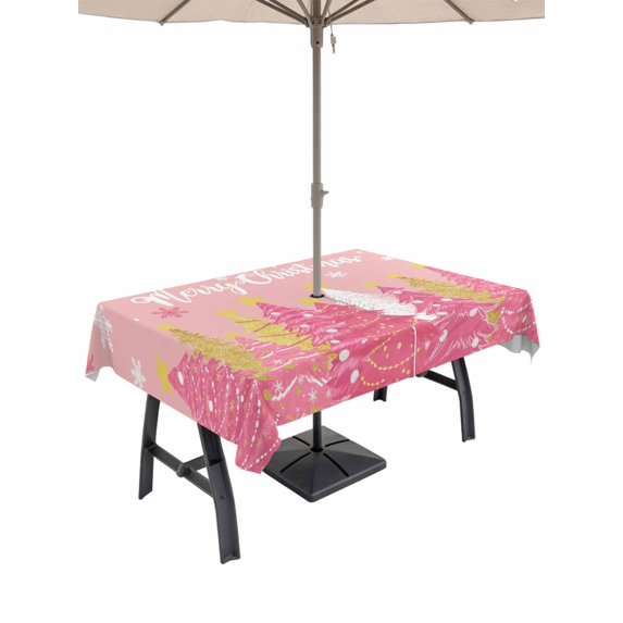 Outdoor Tablecloth with Umbrella Hole and Zipper, Pink Christmas Tree Rectangle Table Cloth 54x80 Inch Waterproof Tablecloth, Pink Xmas Tree Snowflake Luxury Picnic Table Cover for Patio Camping