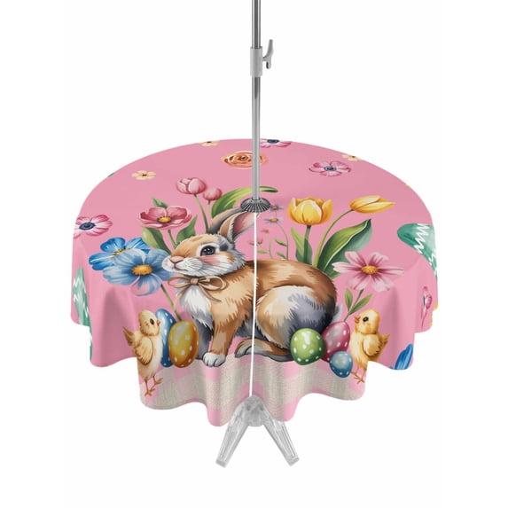 Outdoor Tablecloth with Umbrella Hole and Zipper, Pink Easter Bunny Round Table Cloth 54 Inch Waterproof Tablecloth, Spring Tulip Easter Eggs Plaid Burlap Picnic Table Cover for Patio Camping