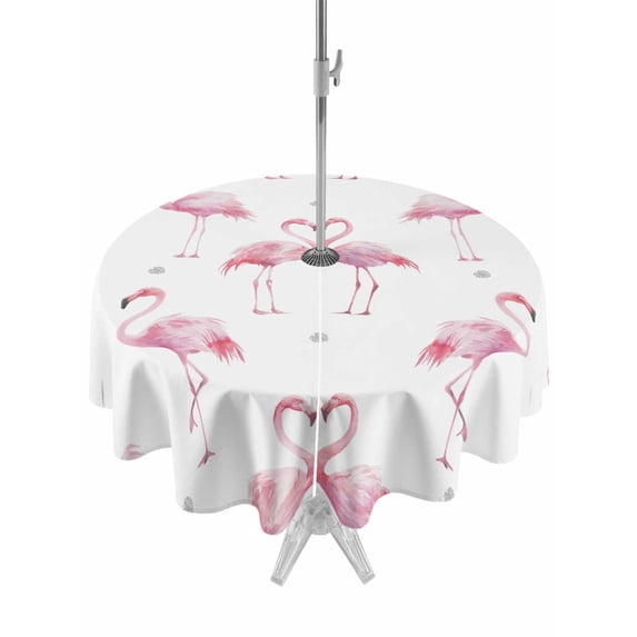 Outdoor Tablecloth with Umbrella Hole and Zipper, Pink Flamingo Round Table Cloth 54 Inch Waterproof Tablecloth, Summer Tropical Animals Picnic Table Cover for Patio Camping