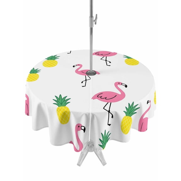 Outdoor Tablecloth with Umbrella Hole Zipper Pink Flamingo Tropical Round Tablecloth 54" Waterproof Outside Table Cloth Summer Pineapple Funny Cartoon Patio Table Cover Tablecloths for Picnic Party