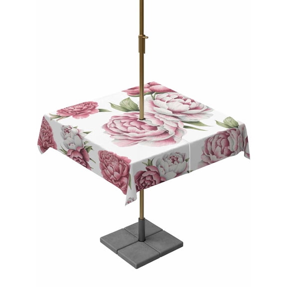 Outdoor Tablecloth with Umbrella Hole and Zipper, Pink Floral Square Table Cloth 54x54 Inch Waterproof Tablecloth, Spring Summer Modern Flower Leaf Picnic Table Cover for Patio Camping
