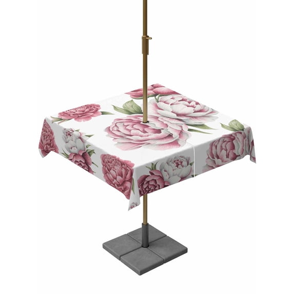 Outdoor Tablecloth with Umbrella Hole and Zipper, Pink Floral Square Table Cloth 60x60 Inch Waterproof Tablecloth, Spring Summer Modern Flower Leaf Picnic Table Cover for Patio Camping